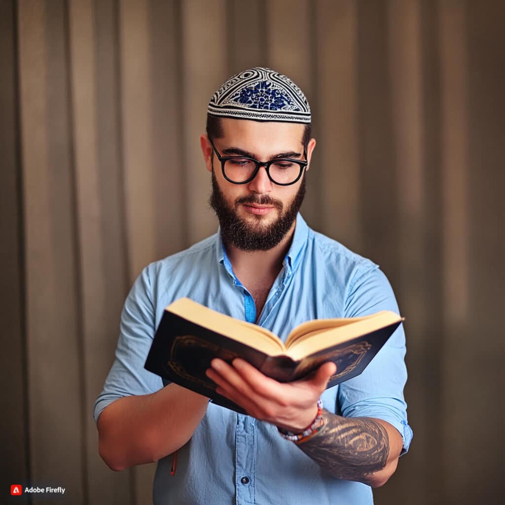homme-beau-juif-avec-un-petit-tatouage-en-train-d'étudier-un-livre-de-Torah